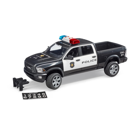 Policajný pick-up BRUDER RAM 2500 s nápadnou farebnou schémou a svetelným modulom.