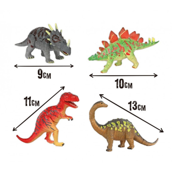 Dinosaurie vajce s vykopávacími nástrojmi a štyrmi dinosaurími figúrkami – Tyranosaurus, Diplodocus, Stegosaurus a Styracosaurus.