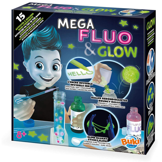 MEGA pokusy so svetielkovaním je chemická súprava pre experimentovanie a výrobu Fluo (žiarivých) a Glow (svetielkujúcich) hmôt. 