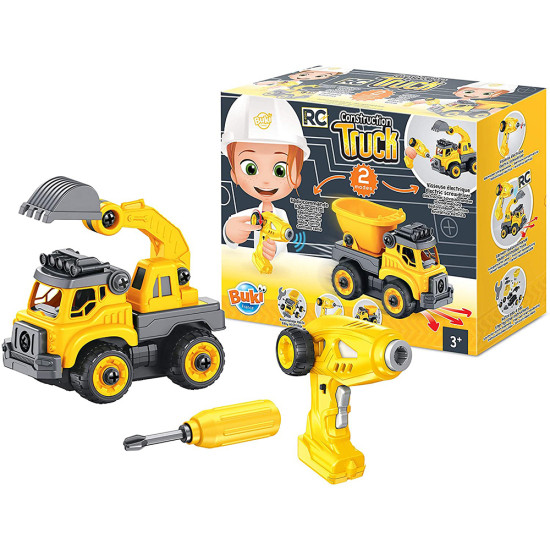 Stavebnica stavebných strojov (2 varianty: bager a nákladné auto) na diaľkové ovládanie, ktoré si dieťa zostaví samo.  