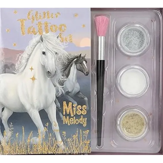 Ozdobte si telo krásnym tetovaním značky Miss Melody. Vyberte si z rôznych motívov zo šablón a vytvorte si vlastné trblietavé tetovanie!