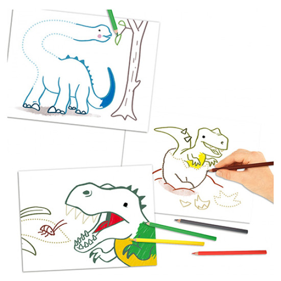 Omaľovánky s dinosaurami pre tých najmenších. Obrázky ponúkajú bodkované časti, ktoré ich za úlohu spojiť.