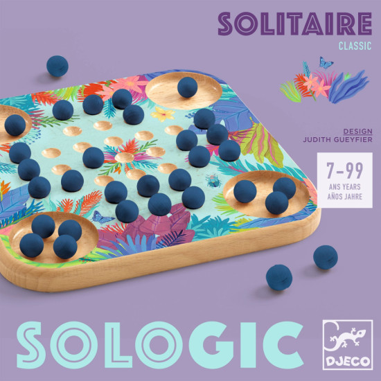 SOLOGIC Solitaire – drevený hlavolam s jednou správnou guľôčkou na hracej ploche, s jemnými rastlinnými ilustráciami.