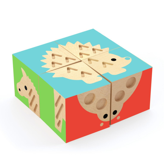 Obrázkové kocky zvieratiek. 4 drevené kocky a 6 puzzle. 