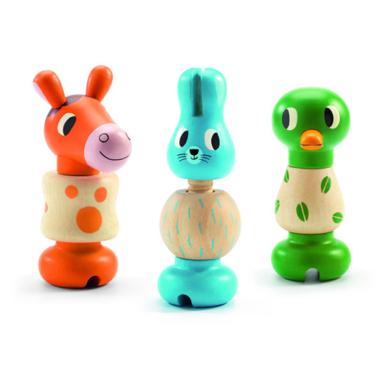 Drevená skrutkovacia hračka Rondanimo pozostáva z troch figúrok: koníka, zajačika a kačky. 