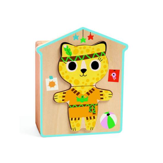 Poskladajte si milú mačičku.  Dieliky dreveného puzzle sú uložené v drevenej škatuli v tvare domčeka.