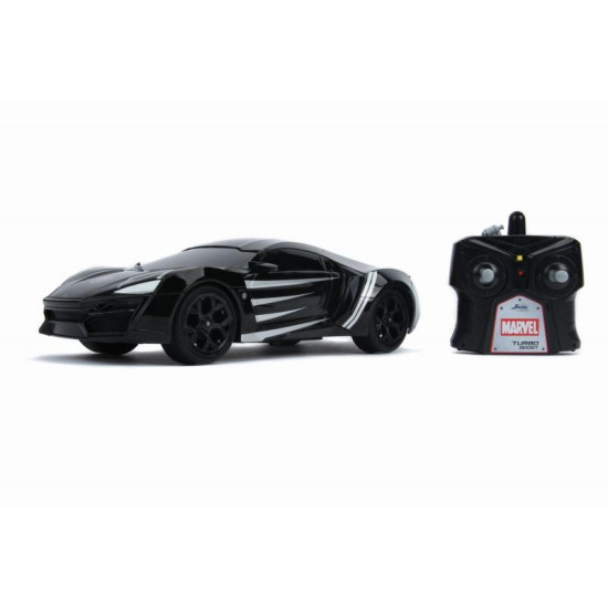 RC auto Marvel Black Panther Lykan HyperSport v čiernej farbe, na diaľkové ovládanie, mierka 1:16