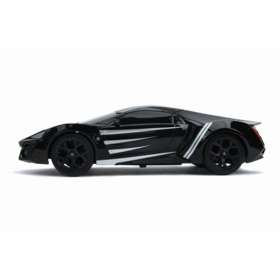 RC auto Marvel Black Panther Lykan HyperSport v čiernej farbe, na diaľkové ovládanie, mierka 1:16