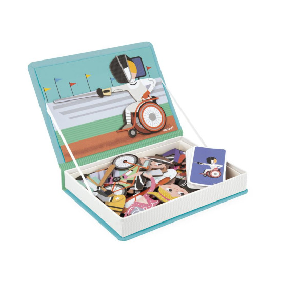 Magnetická kniha pre všetkých milovníkov športu. Skladá sa z magnetickej tabule, 48 magnetov a 16 kariet reprezentujúcich známe športy.