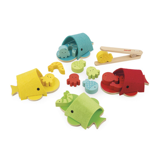 Drevená hračka vďaka ktorej sa vaše dieťa naučí farby a to triedeným farebnej potravy do úst veľryby.