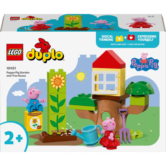 LEGO® DUPLO® Prasiatko Peppa – Záhrada a Dom na Strome s Pepou a Tomom preskúmavajúci záhradu.