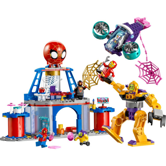 LEGO® 4+ Pavúčia základňa Spideyho tímu – Akčná stavebnica s obľúbenými superhrdinami Spideyho, Iron Mana a ďalších