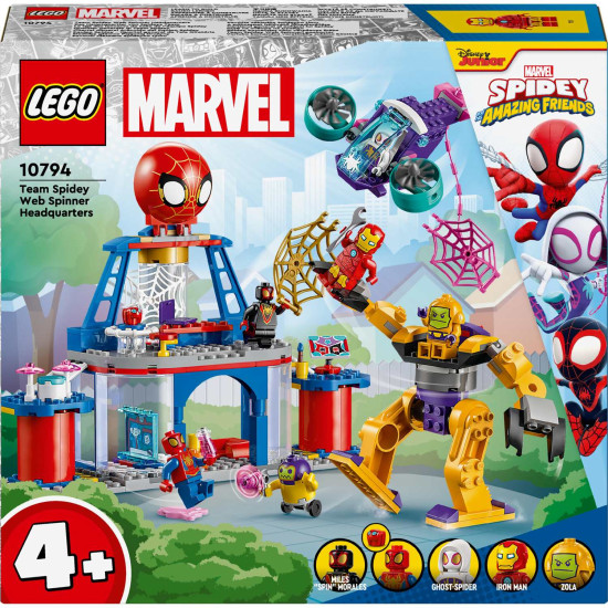 LEGO® 4+ Pavúčia základňa Spideyho tímu – Akčná stavebnica s obľúbenými superhrdinami Spideyho, Iron Mana a ďalších