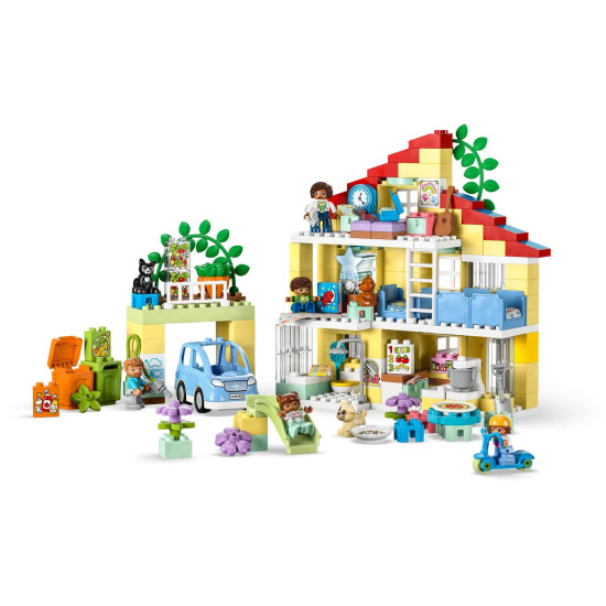 LEGO DUPLO Rodinný dom 3 v 1: Trojposchodový dom, garáž s autíčkom a záhrada plná rastlín.