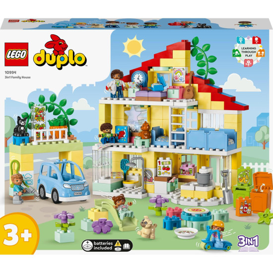 LEGO DUPLO Rodinný dom 3 v 1: Trojposchodový dom, garáž s autíčkom a záhrada plná rastlín.