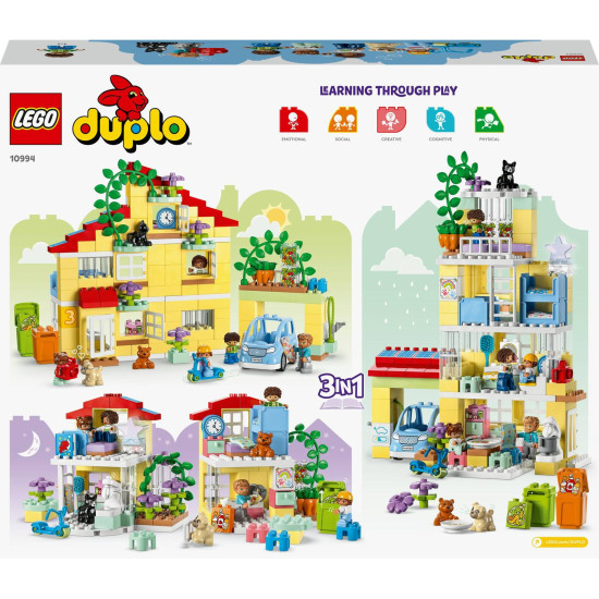 LEGO DUPLO Rodinný dom 3 v 1: Trojposchodový dom, garáž s autíčkom a záhrada plná rastlín.