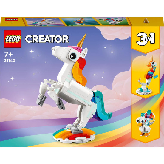 Stavebnica LEGO® Creator 3 v 1 (31140) s kúzelným jednorožcom, morským koníkom a pávom, obsahuje farebné polohovateľné modely na stavanie a vystavovanie, ideálna pre deti od 7 rokov.