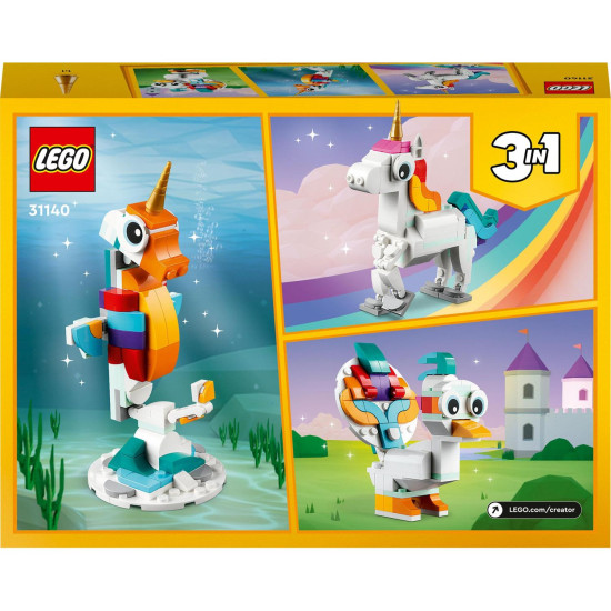 Stavebnica LEGO® Creator 3 v 1 (31140) s kúzelným jednorožcom, morským koníkom a pávom, obsahuje farebné polohovateľné modely na stavanie a vystavovanie, ideálna pre deti od 7 rokov.