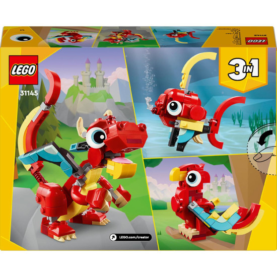 LEGO® Creator 3 v 1 (31145) s červeným drakom, fénixom a rybou, obsahuje polohovateľné zvieracie modely s farebnými detailmi, ideálne pre deti od 6 rokov na kreatívne stavanie a dobrodružné hry.