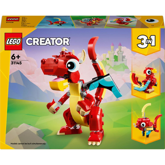 LEGO® Creator 3 v 1 (31145) s červeným drakom, fénixom a rybou, obsahuje polohovateľné zvieracie modely s farebnými detailmi, ideálne pre deti od 6 rokov na kreatívne stavanie a dobrodružné hry.