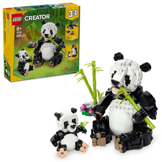 LEGO CREATOR Divoké zvieratá: Pandia rodinka – panda s mláďaťom v džungli a rôzne prestaviteľné zvieracie modely.