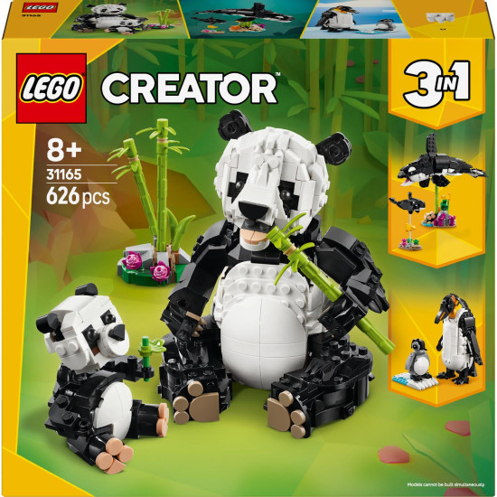 LEGO CREATOR Divoké zvieratá: Pandia rodinka – panda s mláďaťom v džungli a rôzne prestaviteľné zvieracie modely.