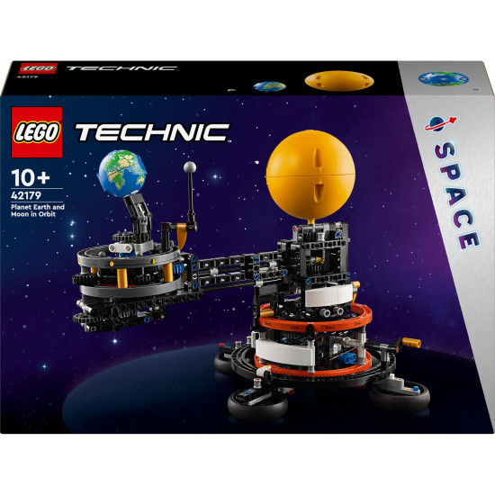 LEGO® Technic Planéta Zem a Mesiac na obežnej dráhe (42179) – model so zobrazením obežnej dráhy a rotácií, vrátane funkčného kľukového hriadeľa a obrázkov fáz Mesiaca