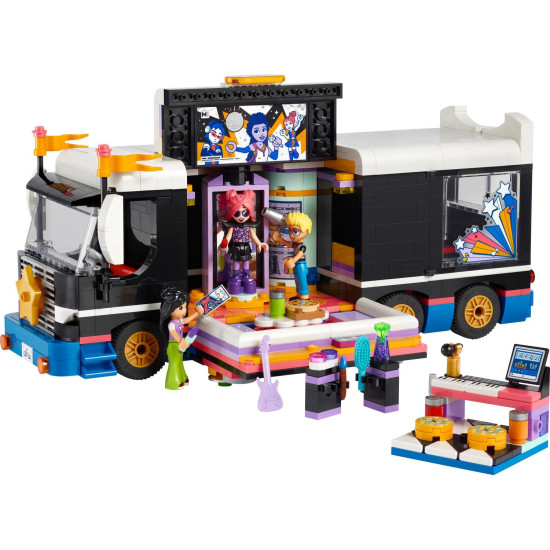 LEGO® Friends Autobus pre turné popových hviezd s interiérom, zákulisím a 4 postavičkami, ideálny pre deti od 8 rokov.