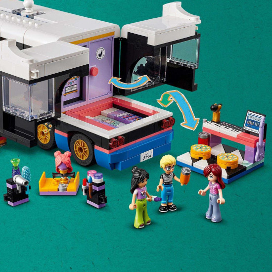 LEGO® Friends Autobus pre turné popových hviezd s interiérom, zákulisím a 4 postavičkami, ideálny pre deti od 8 rokov.