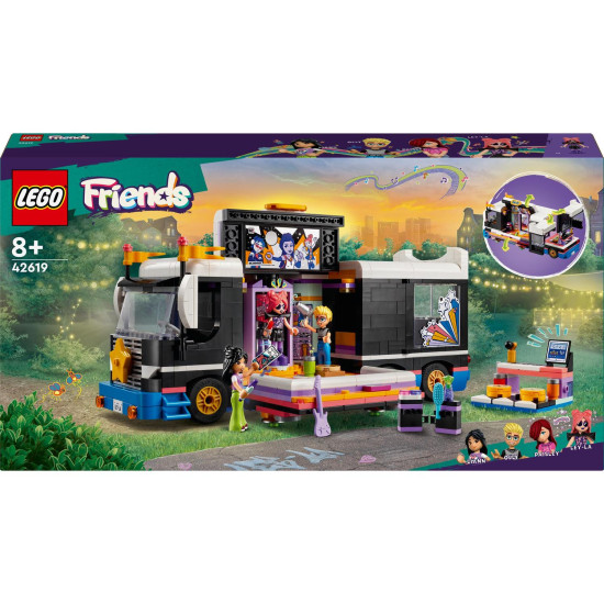 LEGO® Friends Autobus pre turné popových hviezd s interiérom, zákulisím a 4 postavičkami, ideálny pre deti od 8 rokov.