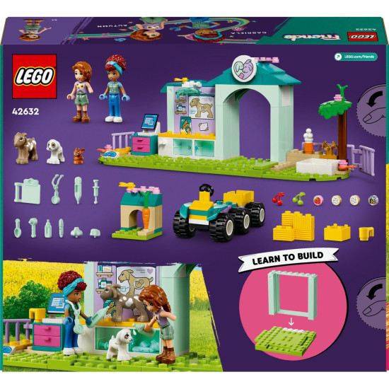 Dve minibábiky LEGO Friends, Autumn a veterinárka Gabriela, sa starajú o zvieratká na veterinárnej klinike. Sú obklopené figúrkami kozliatka, mačky a psa a používajú stôl, váhy, počítač a lampu na vyšetrenie. 