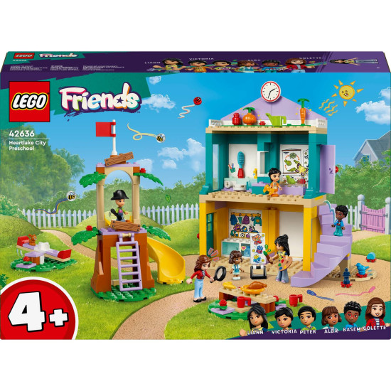 LEGO Friends Škôlka v mestečku Heartlake s minibábikami, hernými prvkami a doplnkami pre starostlivosť o najmenších obyvateľov škôlky. Dve minibábiky sa hrajú s deťmi v hernej miestnosti plnej hračiek, s preliezačkou a detskými potrebami.