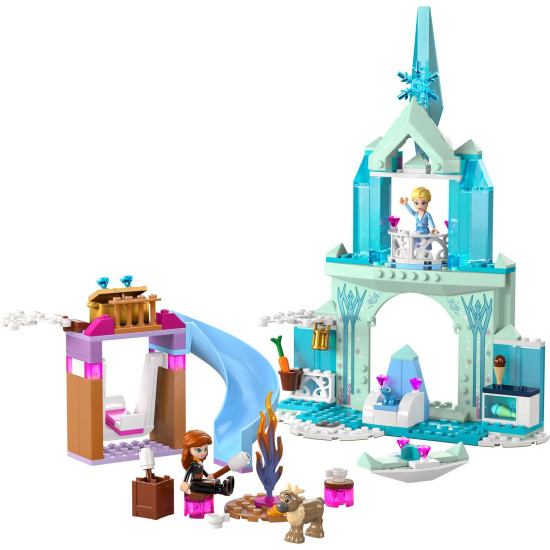 LEGO stavebnica Ľadové kráľovstvo: Elsa a hrad s minifigúrkami Elsy a Anny, zvieratkami Bruniho a malého soba, kuchyňou, krbom, hojdačkou, šmýkačkou, táborákom a ľadovým kanoe. 