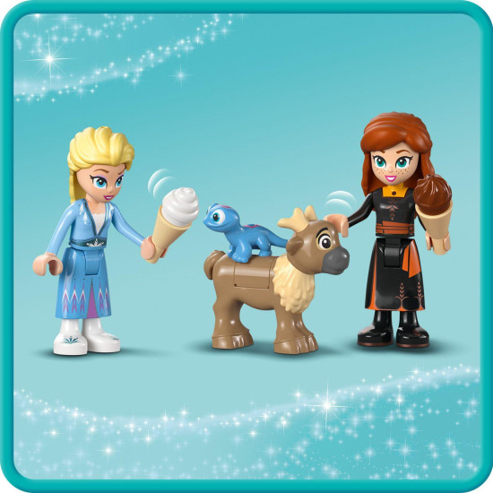 LEGO stavebnica Ľadové kráľovstvo: Elsa a hrad s minifigúrkami Elsy a Anny, zvieratkami Bruniho a malého soba, kuchyňou, krbom, hojdačkou, šmýkačkou, táborákom a ľadovým kanoe. 