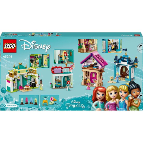  LEGO® stavebnica Disney princezné s trhom, obsahujúca minifigúrky Tiany, Aurory, Popolušky a Ariel, zberateľské prstene a rôzne herné doplnky. Model zobrazuje trh s kvetináčom, lavičkou a fontánou.