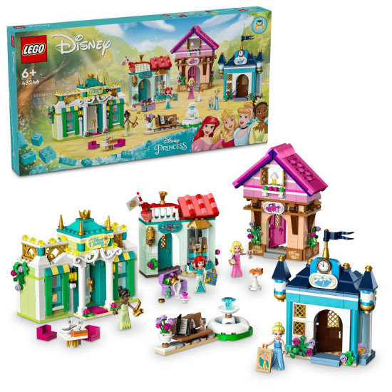  LEGO® stavebnica Disney princezné s trhom, obsahujúca minifigúrky Tiany, Aurory, Popolušky a Ariel, zberateľské prstene a rôzne herné doplnky. Model zobrazuje trh s kvetináčom, lavičkou a fontánou.