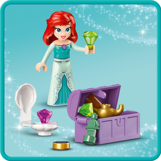  LEGO® stavebnica Disney princezné s trhom, obsahujúca minifigúrky Tiany, Aurory, Popolušky a Ariel, zberateľské prstene a rôzne herné doplnky. Model zobrazuje trh s kvetináčom, lavičkou a fontánou.