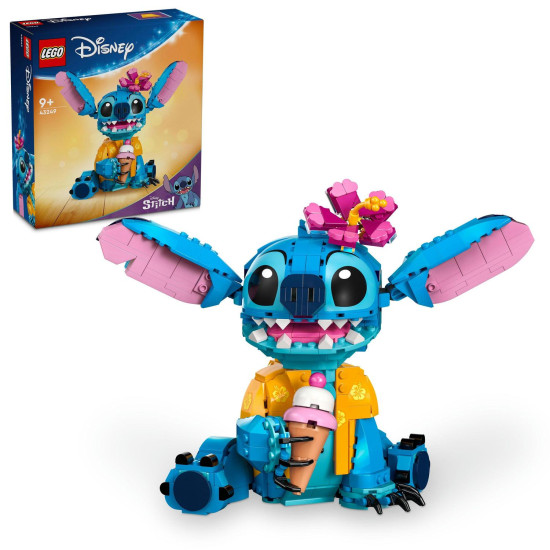 LEGO® Disney Stitch na hranie a vystavenie s pohyblivými ušami, otáčajúcou sa hlavou, zostaviteľným zmrzlinovým kornútkom a kvetinou. Ideálny darček pre fanúšikov rozprávky Lilo a Stitch.