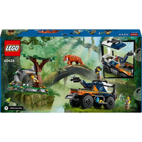 LEGO City terénne vozidlo s robustnými pneumatikami a ramenom s fotoaparátom, prieskumníci v džungli sledujú tigra, doplnené o ďalekohľad, vysielačku, mapu a prieskumný dron pre dobrodružný prieskum.