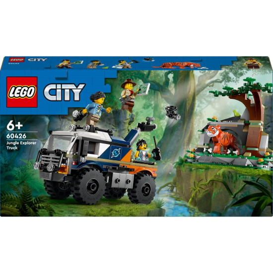 LEGO City terénne vozidlo s robustnými pneumatikami a ramenom s fotoaparátom, prieskumníci v džungli sledujú tigra, doplnené o ďalekohľad, vysielačku, mapu a prieskumný dron pre dobrodružný prieskum.