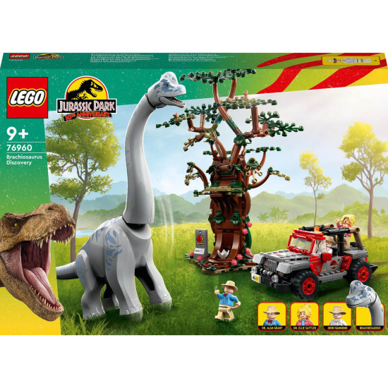 LEGO Jurassic World Objavenie brachiosaura: Polohovateľný brachiosaurus, Jeep a minifigúrky zo sveta Jurského parku.