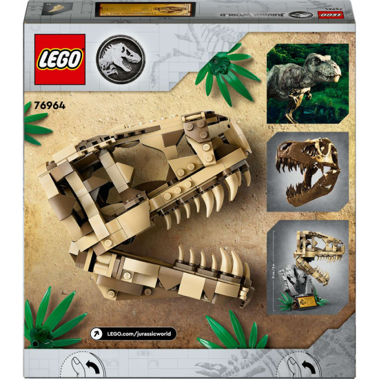 LEGO® Jurassic World stavebnica s lebkou T-Rexa a fosíliami pre deti, ktorá obsahuje stojan s informačnou ceduľkou, otváraciu čeľusť a skrytý „jantárový“ dielik.