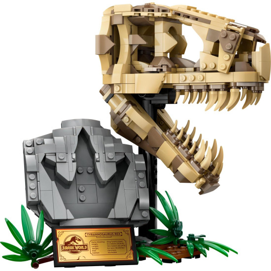 LEGO® Jurassic World stavebnica s lebkou T-Rexa a fosíliami pre deti, ktorá obsahuje stojan s informačnou ceduľkou, otváraciu čeľusť a skrytý „jantárový“ dielik.