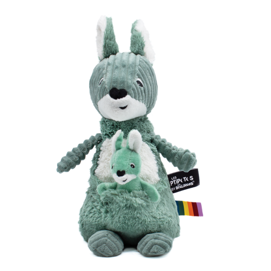 Zelená plyšová hračka klokan mamička a bábätko Déglingos
