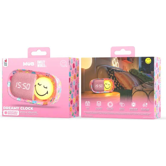 Detský budík a nočné svetlo MOB Dreamy Clock Smiley ružová