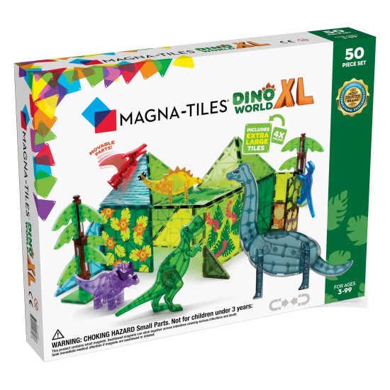 Tento set XL Dino World ukrýva v sebe najväčšie stavebnice všetkých čias, plus šiestich dinosaurov Magna-Tiles® a magnetické stromy.