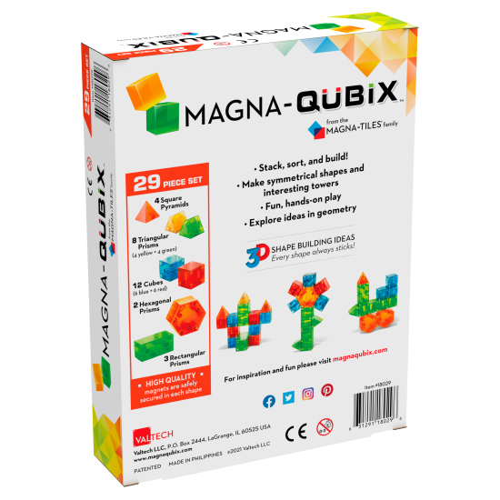 29-dielna súprava Magna-Qubix® obsahuje 3D kocky, hranoly a pyramídy, vďaka ktorým sa vaše výtvory dostanú do inej dimenzie.