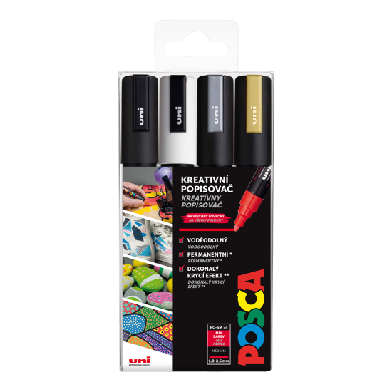 Súprava popisovačov Posca 5M s univerzálnym stredným hrotom (1,8 – 2,5 mm), farby biela, čierna, strieborná a zlatá.