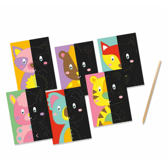 V kreatívnej sade nájdete hneď šesť stieracích kariet, ktoré sú z polovice s obrázkom zvieratka az polovice začernené. 