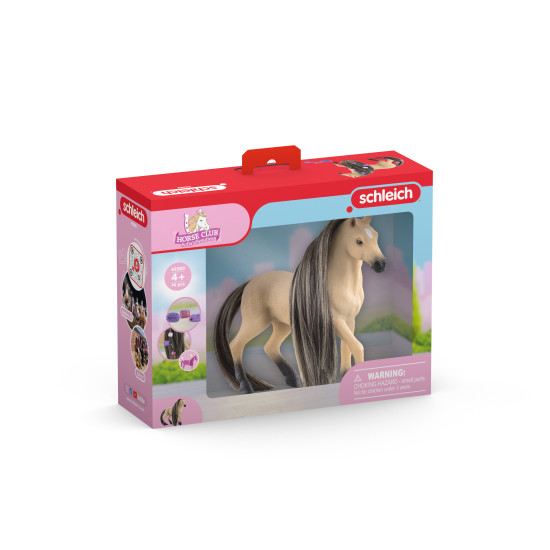 Andalúzska kobyla z Schleich® HORSE CLUB Sofia's Beauties s krásnou lesklou hrivou, farebnými korálkami a ozdobnými sponkami pripravená na styling v konskom salóne.